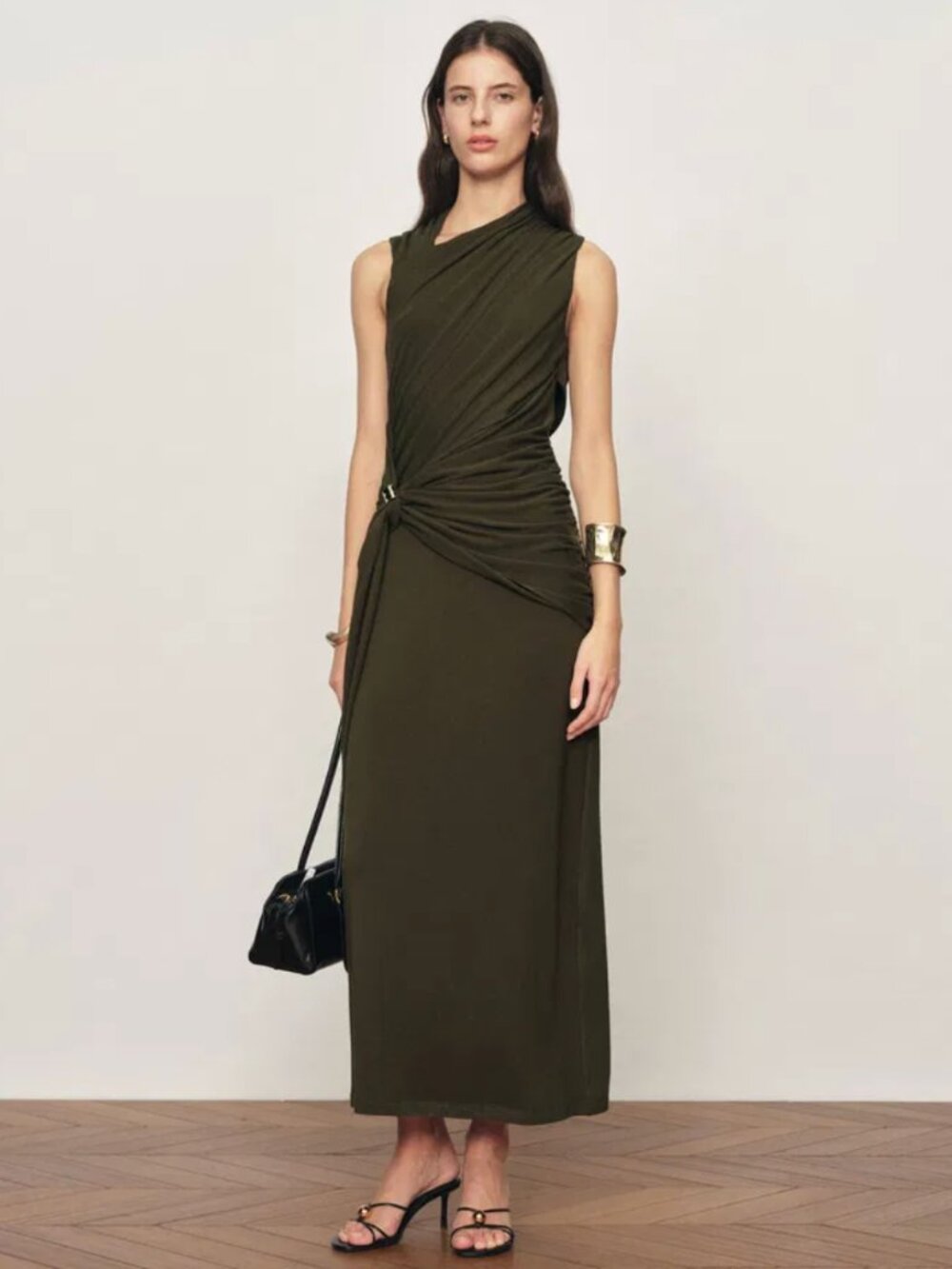 Delilah Olive Asymmetric Draped Sleeveless Dress in wool Blend Knit